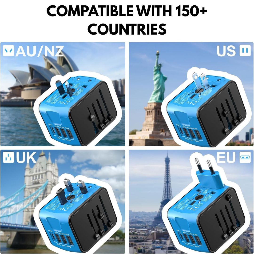 Universal travel adapter with international plugs for use in over 150 countries worldwide