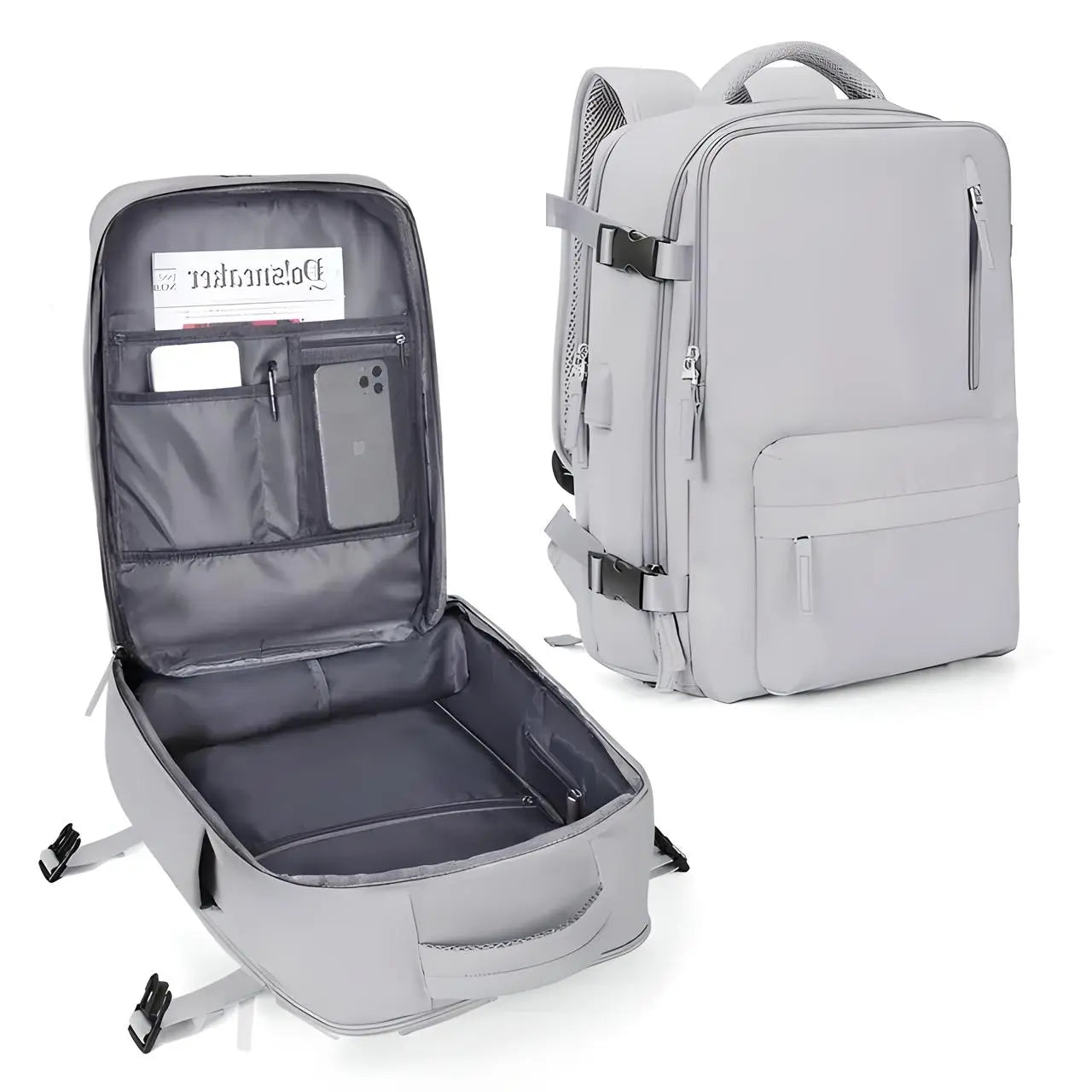Waterproof Carry-On Backpack organised compartments laid out
