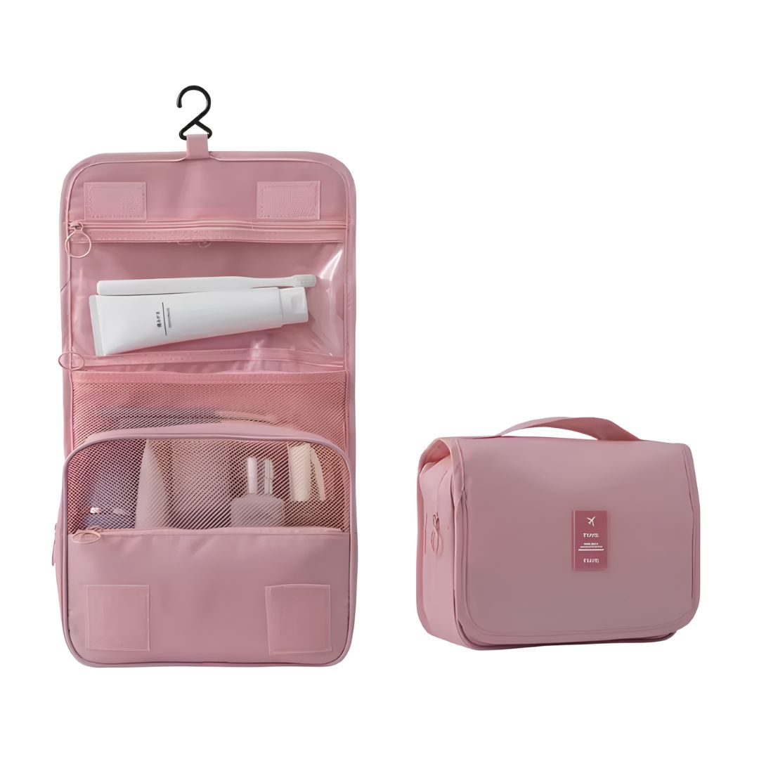 Waterproof toiletry bag packed flat inside carry-on suitcase