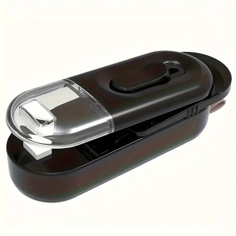 Resealing snack bag using handheld heat sealer to keep food fresh

