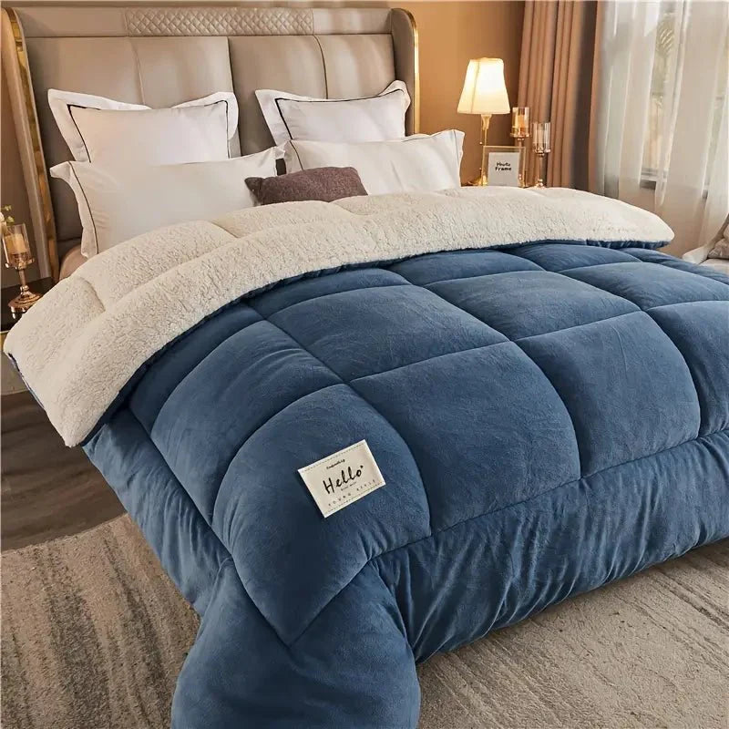 Blue comforter with beige sherpa lining on a bed in a bedroom setting.