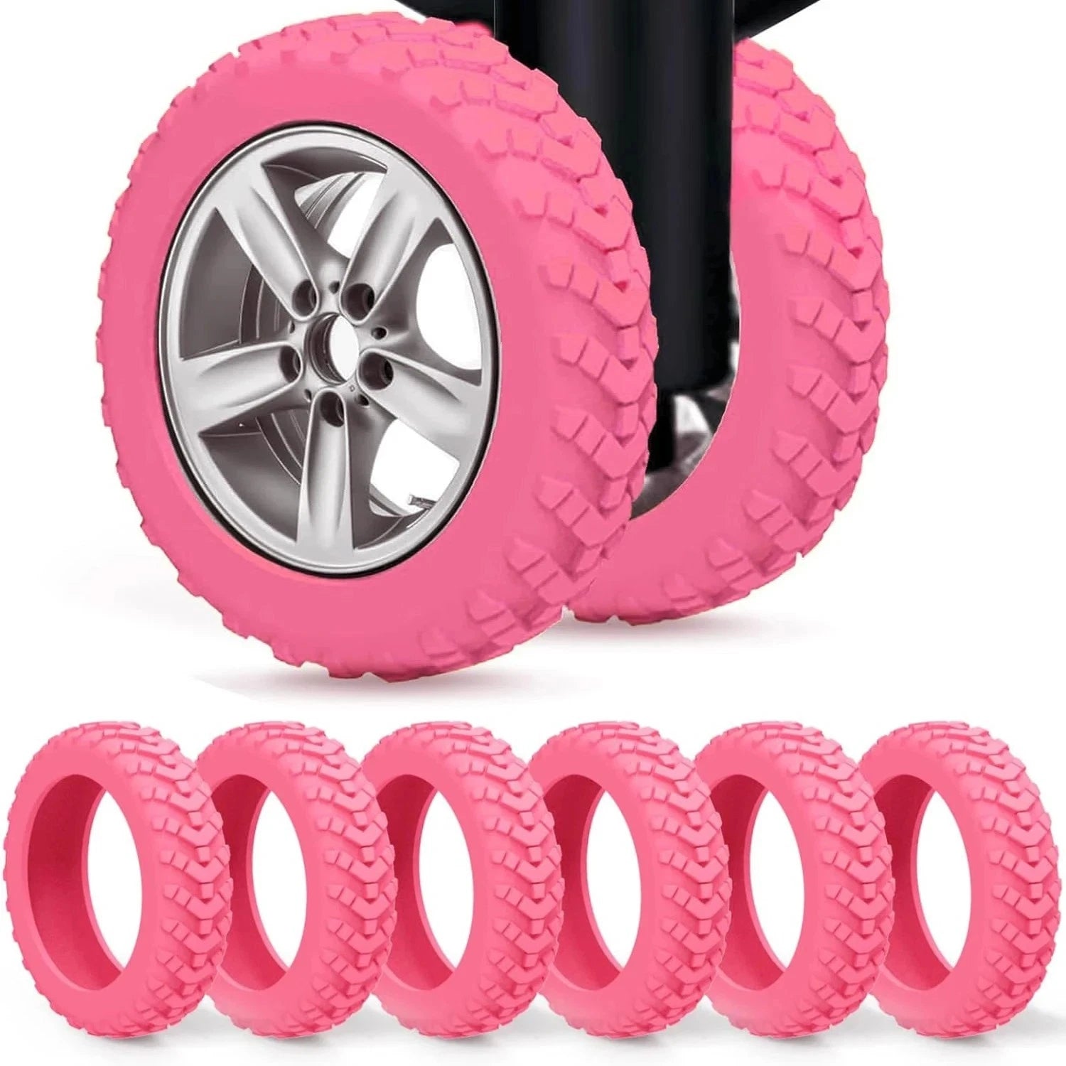 Silicone wheel protectors reducing luggage noise on tiles
