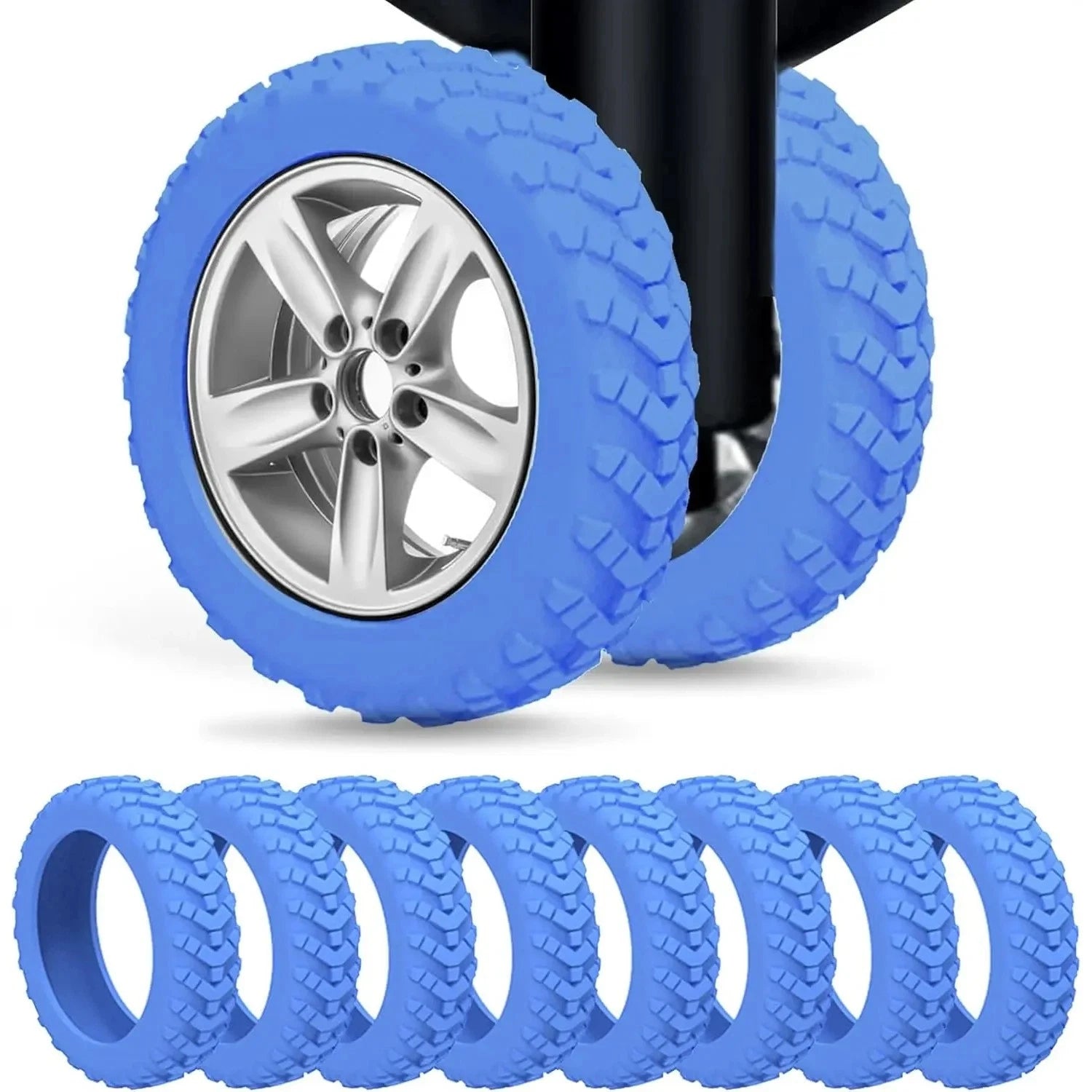 Suitcase wheel covers preventing damage on rough airport floor